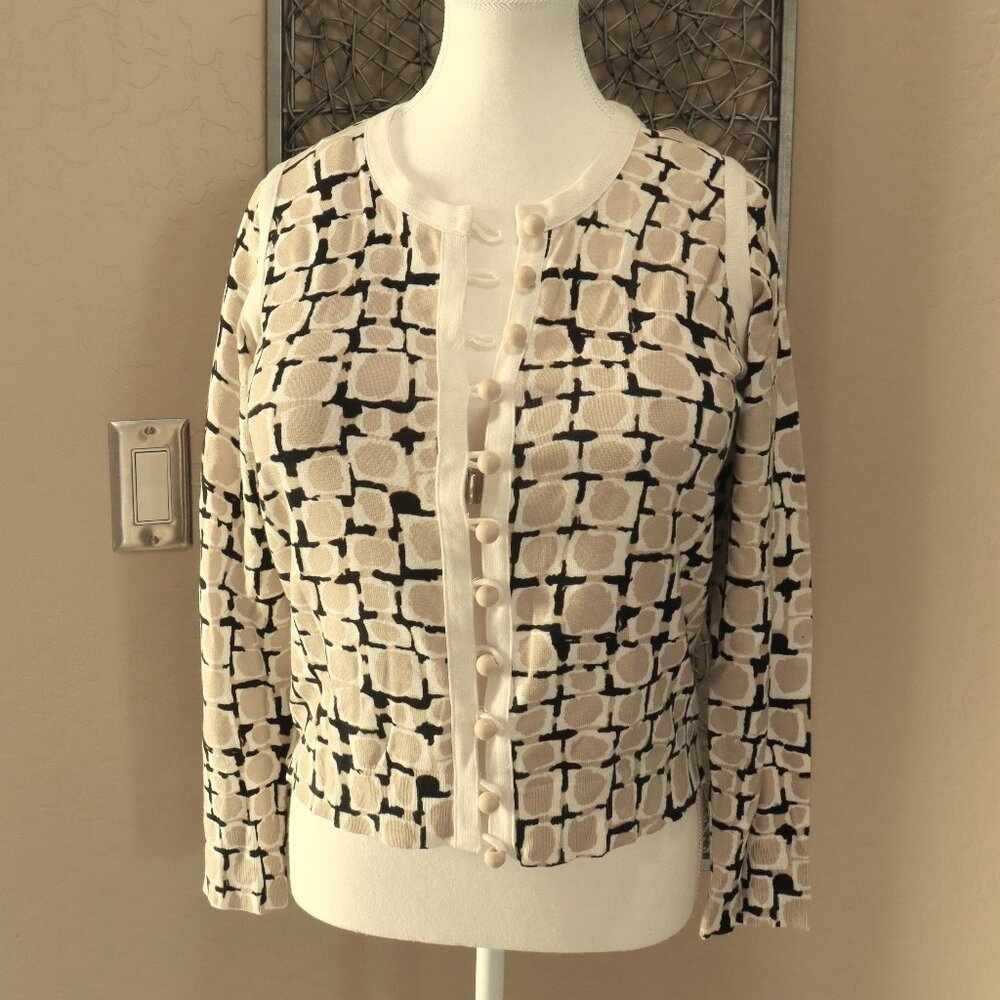 Nic + Zoe  Large Tan, White and Black Long Sleeve Graphic Cardigan.